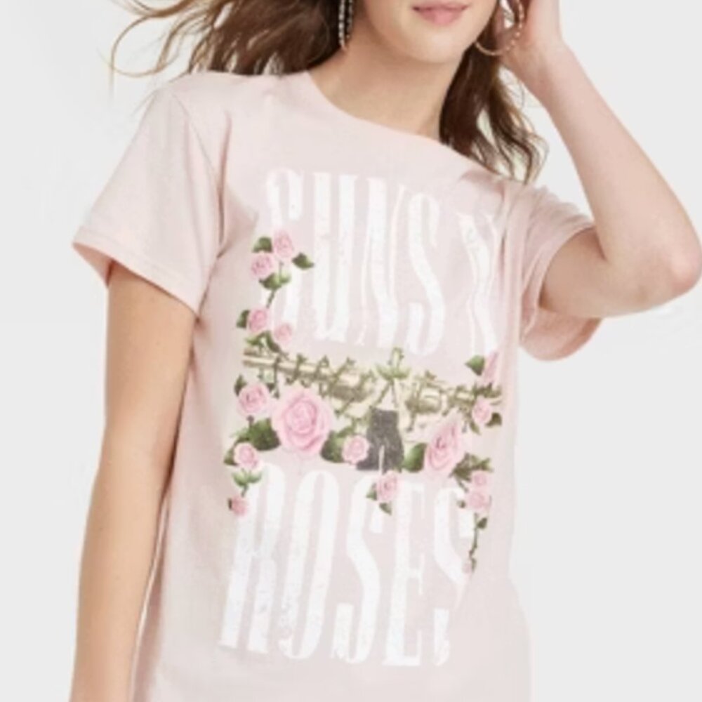 BRAVADO Guns N Roses Floral Short Sleeve Graphic T-Shirt Pink Crop HAND CROPPED